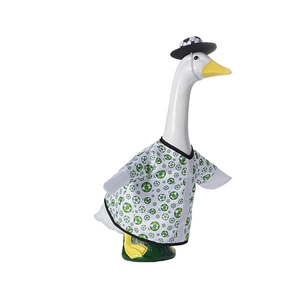 Detail of 23-inch goose statue wearing football themed shirt and matching black hat