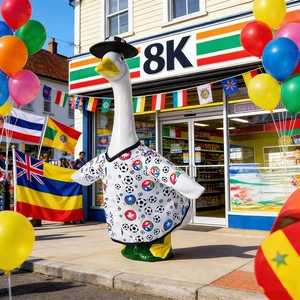 Outdoor 23-inch decorative goose statue wearing soccer print outfit and black hat
