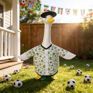 Garden goose statue in football outfit with jersey and hat for lawn decor