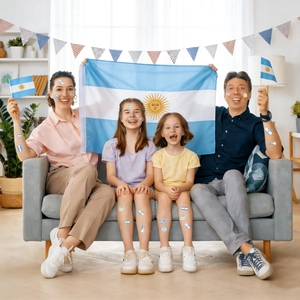 Famiglia con tatuaggi temporanei dell'Argentina per eventi sportivi e celebrazioni