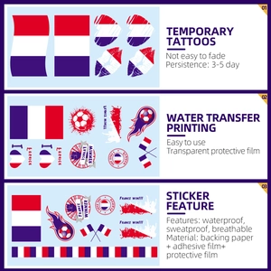Dettagli dei tatuaggi temporanei della bandiera francese per tifosi e festeggiamenti