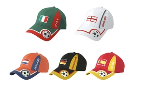 Detailed embroidery of Italy, England, Holland, Germany and Spain flags on baseball caps