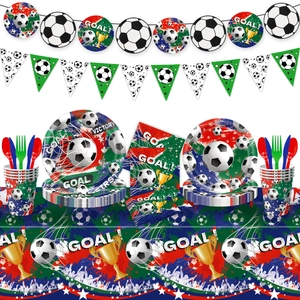 Set completo per festa a tema calcio con piatti, bicchieri, tovaglioli e striscioni decorati