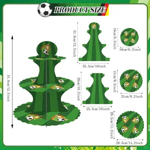 Grüner 3-stöckiger Fußball-Cupcake-Ständer aus Pappe mit Maßtabelle für Partys