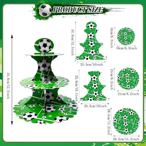 3-stufiger Fußball-Cupcake-Ständer mit Maßen und grünem Fußballfeld-Design