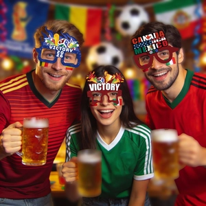2026 World Cup theme party glasses for soccer fans celebrating in a bar atmosphere