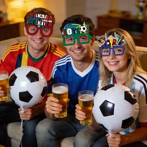 Three 2026 World Cup party glasses featuring USA, Canada, and Mexico theme designs