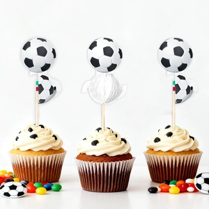 Soccer themed cupcake toppers with honeycomb balls and football designs for parties