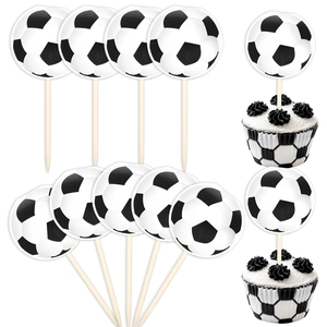 Close-up of football cupcake toppers and matching liners for soccer theme parties