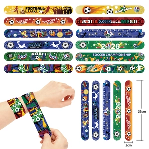 Detail of 2026 soccer theme slap bracelets with dimensions and 12 colorful designs