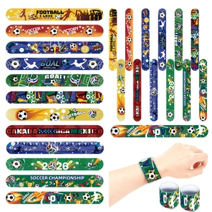Colorful soccer-themed snap bracelets for fans with football patterns and trophy designs