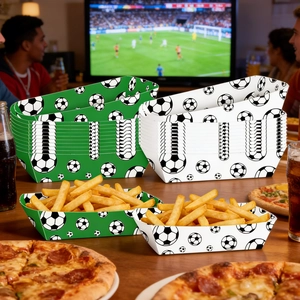Disposable soccer themed paper food trays for parties shown in a stadium match scene