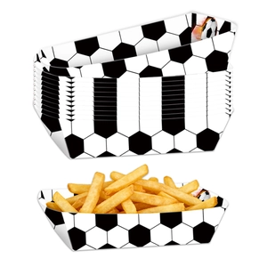 Disposable soccer themed paper food trays for parties filled with crispy French fries