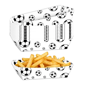 Detail of soccer themed disposable paper food trays with fries for world cup parties