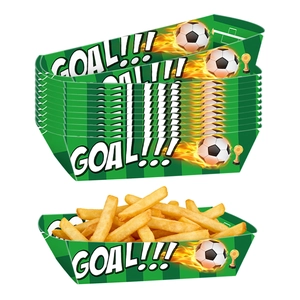 Detail view of soccer-themed disposable snack trays stacked and filled with french fries