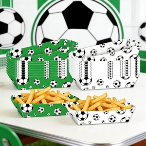 Detail of disposable soccer-themed paper snack trays holding french fries on a sports table