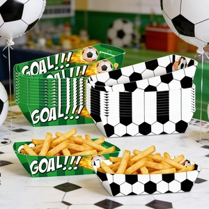 Soccer party food trays with Goal text and football patterns for snacks and fries