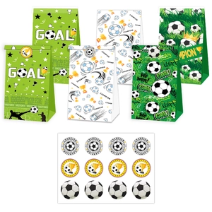 Soccer party favor bag set with 6 paper bags and 12 stickers for football themed events