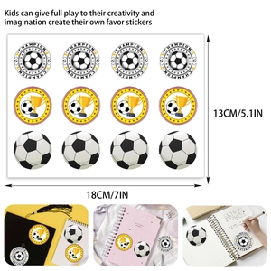 Detailed view of World Cup football themed round stickers for party gift bags decoration