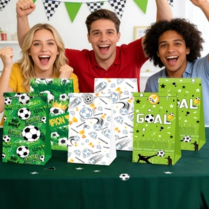 Soccer party gift bags featuring champion trophies and victory designs for sports events