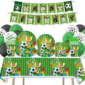 Fußball Thema Geburtstag Partygeschirr Set Grün Fußballfeld Trophäe Pappteller Becher Servietten Tischdecke Banner Für Kinder Sport Feier Dekorationen