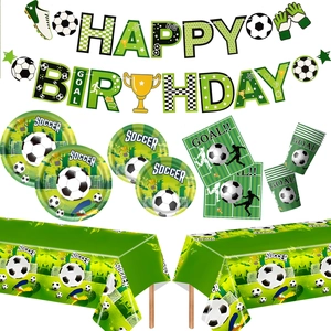 Soccer Theme Birthday Party Tableware Set Green Grass Football Field Design Disposable Plates Cups Napkins Tablecloth Banner For Sports Fans Party Decorations