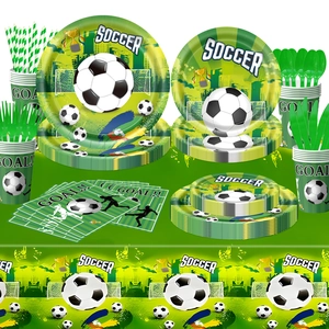Detailed view of the soccer theme party supplies including plates, cups, and tableware