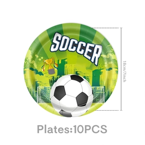 Detail of 7-inch soccer themed paper plates with 18cm diameter for party decoration