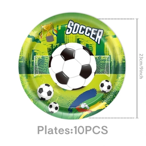 Macro shot of 9-inch soccer party plates set for sports birthday decorations, 10-piece pack