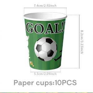 Detail view of soccer party paper cups with GOAL design and precise size dimensions