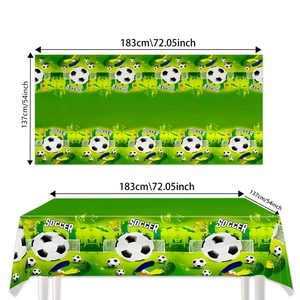 Soccer themed green party tablecloth with football and trophy patterns 183x137cm