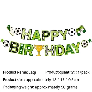 Detail of soccer themed Happy Birthday banner with green football motifs for party decor