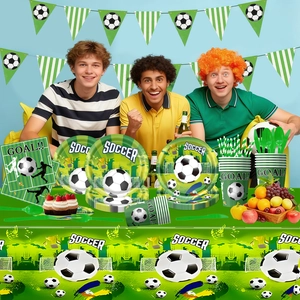 Soccer theme party supplies set with plates, cups, and napkins for football birthday events