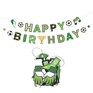 Detail of soccer themed Happy Birthday banner with football, gloves and trophy designs