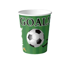 Soccer party disposable cups with green stripes and Goal text for birthday decoration