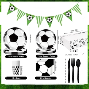Soccer themed party tableware set with paper plates cups and tablecloth for events