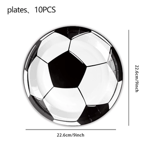 Detail of 10-piece soccer theme 9-inch paper plates with classic football pattern design