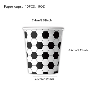 Detailed view of 9oz soccer themed paper cups with dimensions and black white hexagon pattern