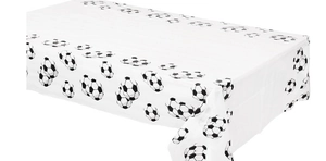 Soccer theme tablecloth featuring black and white football patterns for party decoration