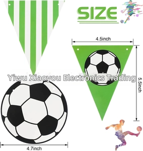 Size details of football party banners featuring green stripes and soccer ball pennants