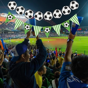 Soccer party banner decoration with football patterns and green striped pennants