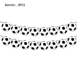 Soccer theme party banner with black and white football patterns for sports decoration