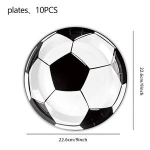 Set of 10 black and white soccer themed 9-inch disposable paper plates for party