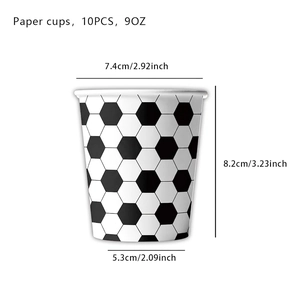 Detailed size specifications for a 9oz soccer theme disposable paper cup 10-pack set