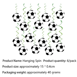 Hanging soccer ball ceiling decorations with green swirls for themed football party supplies