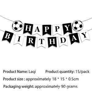 Soccer themed Happy Birthday banner with black and white football icons for party decor