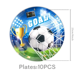 Macro detail of 9-inch soccer theme disposable paper plates with trophy design for parties