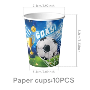 Set of 10 soccer theme disposable paper cups with detailed size dimensions for party