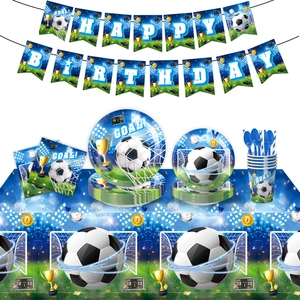 Comprehensive soccer theme party set with Happy Birthday banner, plates, and cups