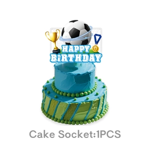Detail of football birthday cake topper with gold trophy and soccer ball decoration